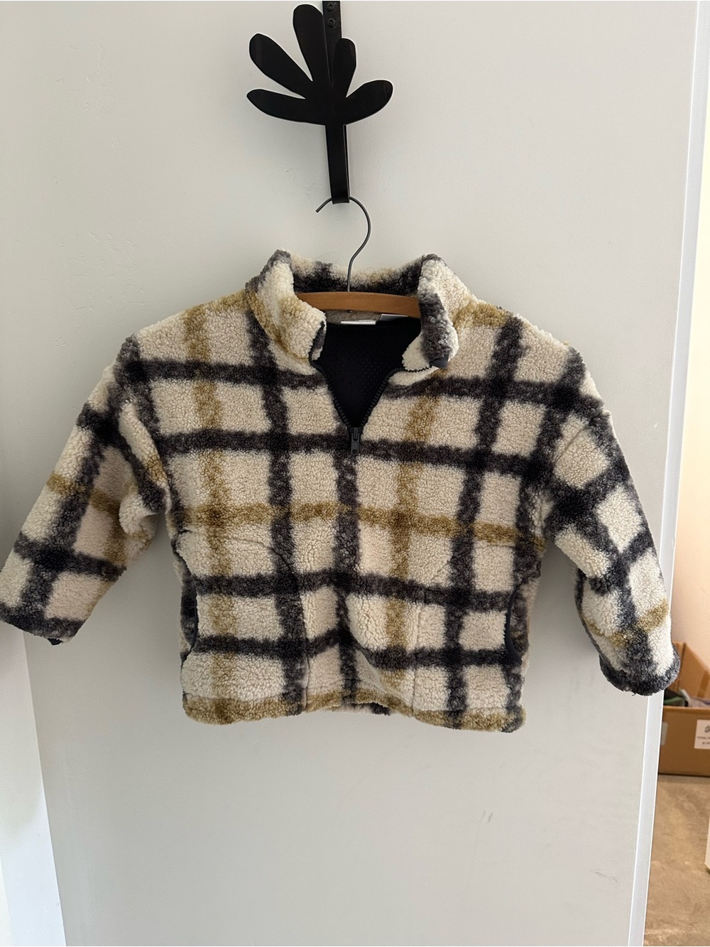 Zara Boys’ Cream Plaid Sherpa Jacket with Black and Olive Checks